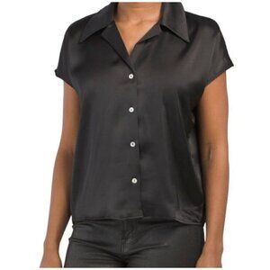 Rachel Zoe Silky-smooth blouse Top MEDIUM Black Pockets abalone buttons NWOT